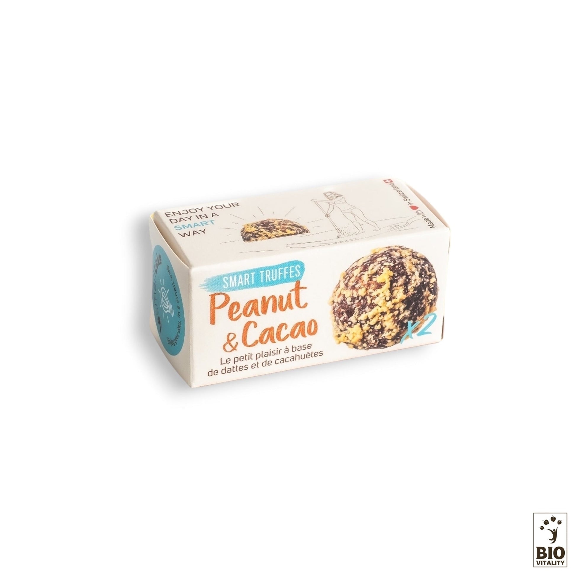 Le Smart Truffes Peanut Cacao - 2 pièces de LE SMART CAKE présente une image de truffe alléchante, un texte en français et le logo Bio Vitalité, mettant en valeur les ingrédients de qualité supérieure de cette gourmandise gourmande.