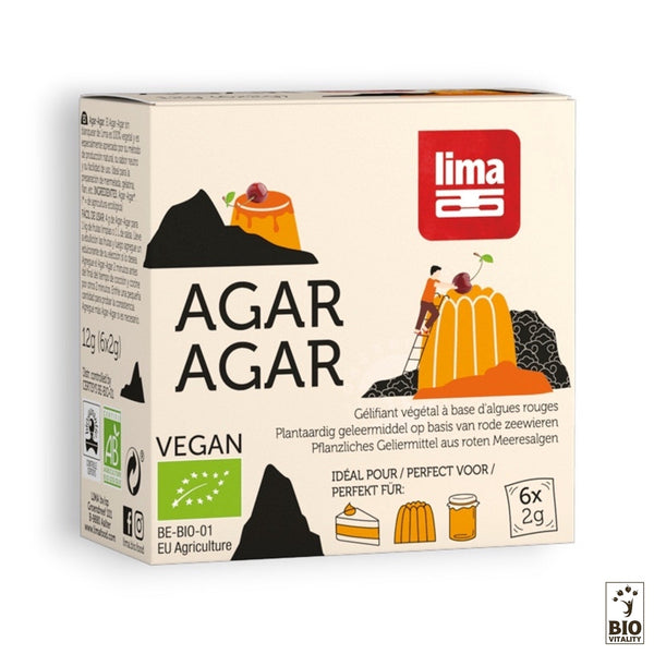 LAgar Agar Bio en dosettes 6x2g de LIMA est un gélifiant dessert naturel vegan, doté dun texte multilingue et du logo Bio Vitality pour indiquer sa certification biologique.