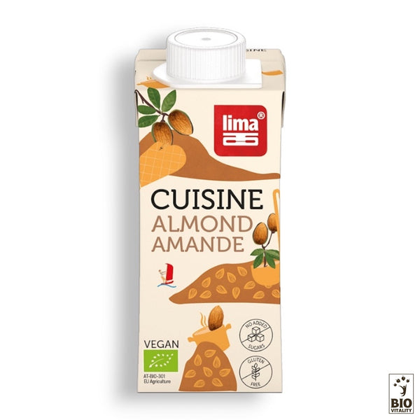Le carton Amande Cuisine Bio 20cl de LIMA présente des amandes et des fleurs, ce qui en fait une excellente alternative végétale végétalienne. Il est étiqueté sans gluten ni lactose et sans sucre ajouté. Recherchez le logo Bio vitalité en bas à droite.