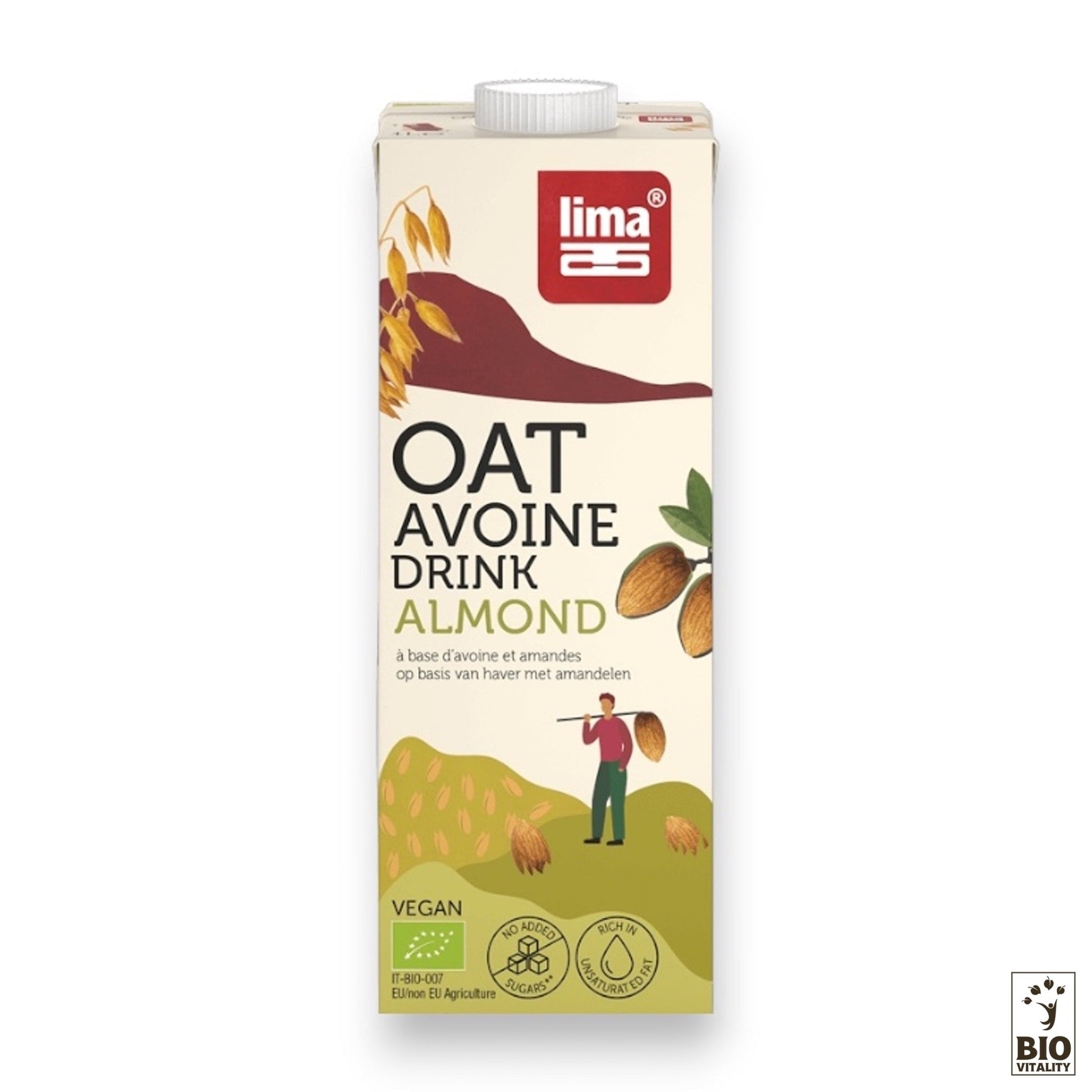 Carton de boisson Avoine Amande Bio de LIMA - 1 L, végétalienne et sans lactose, avec de lavoine, des amandes et un motif de joueur de flûte. Cette délicieuse boisson végétale est idéale pour ceux qui recherchent une boisson à lavoine sans soucis de produits laitiers.