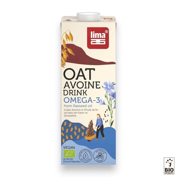 Un carton de 1 L de boisson Avoine oméga 3 Bio de LIMA présente de lavoine et des fleurs bleues sur son emballage, ainsi que les étiquettes « végétalien » et « Bio Vitalité », contenant une boisson à lavoine biologique avec des oméga-3 provenant de lhuile de lin.