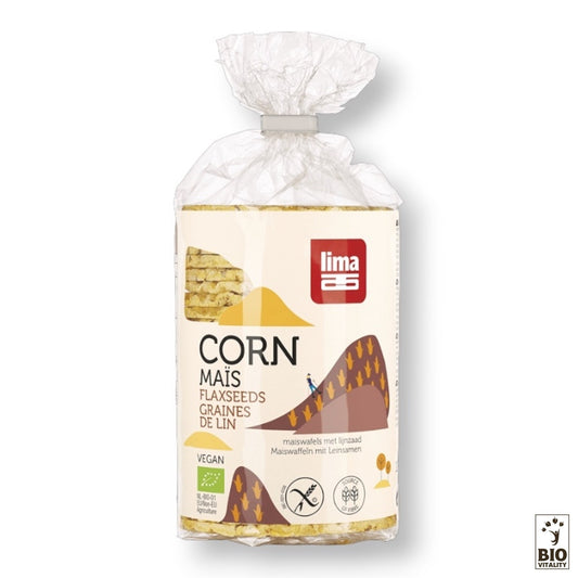 Les « Galettes de mais aux graines de lin Bio (130g) » de LIMA arborent fièrement un symbole végétalien sur son emballage, orné dune charmante illustration de collines et dun soleil, évoquant la bonté naturelle.