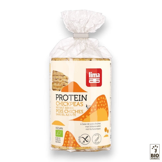 Un paquet de 100 g de Galettes protéinées pois chiches Bio crisps de LIMA, sans sel ajouté, bénéficie des certifications végétaliennes et biologiques et met laccent sur leur teneur élevée en protéines végétales.