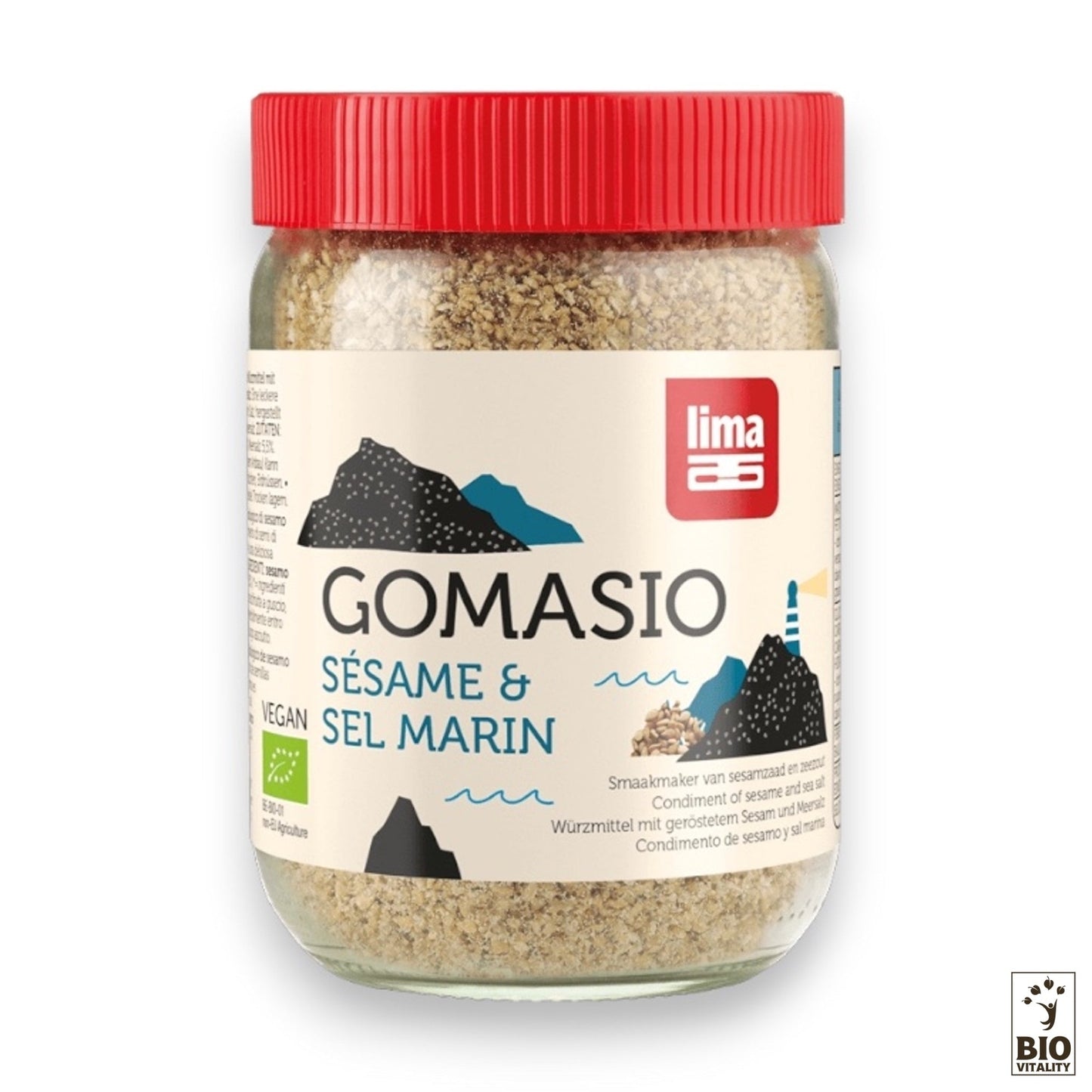 Le Gomasio Bio de LIMA - 225 g est doté dun couvercle rouge vif, avec une étiquette représentant des montagnes et un phare, ainsi que des symboles végétaliens et biologiques. Il contient du sésame et du sel de mer.
