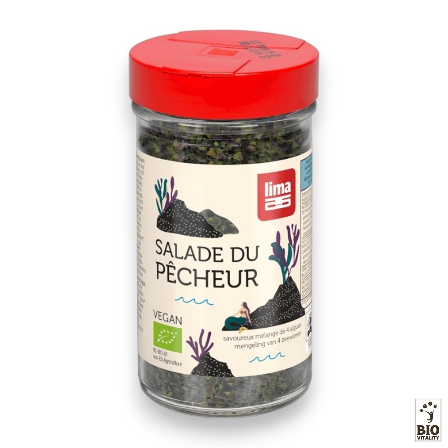 Un pot de 40 g de « Salade du Pêcheur Bio » de LIMA avec un couvercle rouge présente un mélange dalgues biologiques. Létiquette comprend des illustrations botaniques et un logo de certification biologique, soulignant ses bienfaits nutritionnels pour les végétaliens.