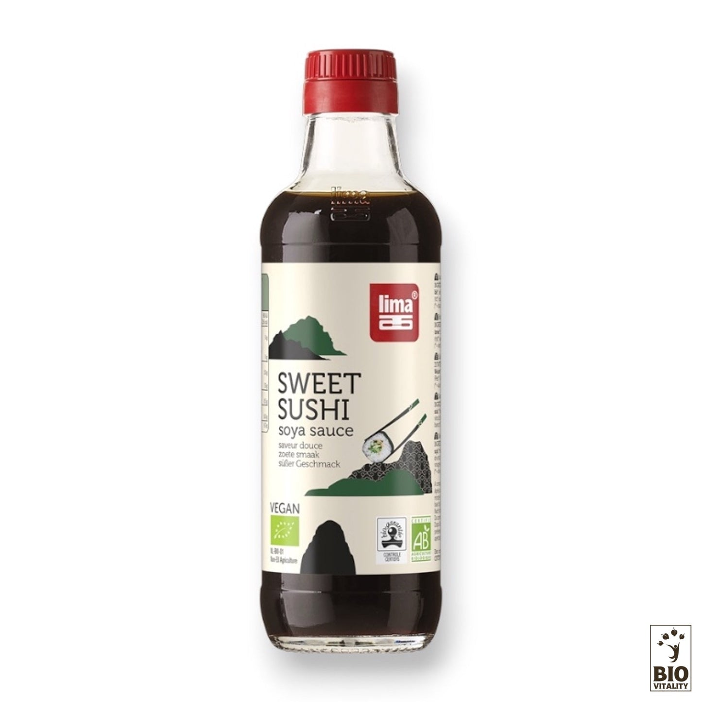 La Sauce sushi douce soja sucrée Bio de LIMA, dans une bouteille de 250 ml avec un bouchon rouge et des graphismes de sushi, est certifiée végétalienne et Bio. Infusée au mirin pour une saveur authentique.