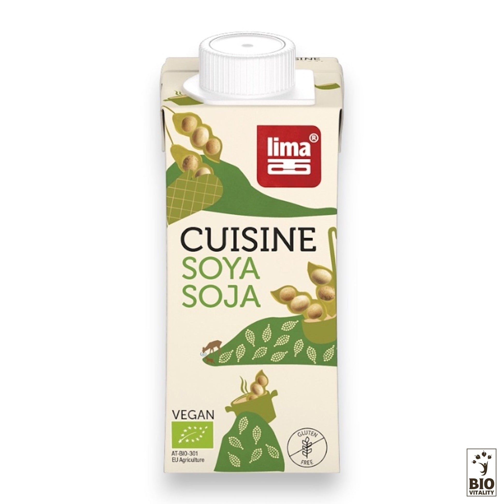 Un carton de 20 cl de Soja Cuisine Bio de LIMA présente des images de graines et de feuilles de soja, étiquetées vegan et sans gluten. Il comporte le logo de certification biologique de lUE, soulignant son identité dalternative végétale également sans gluten et sans lactose.