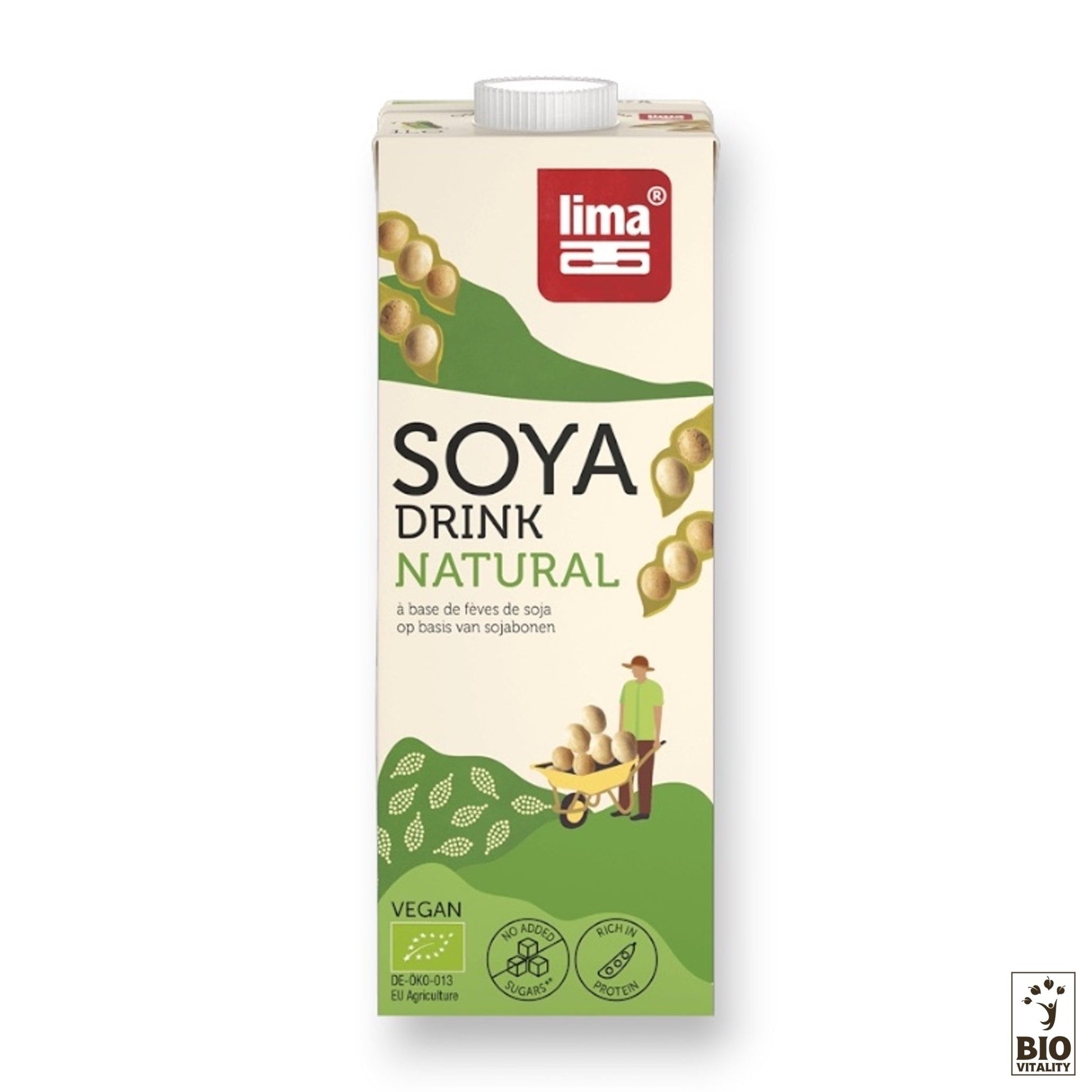 Le carton de boisson de soja naturelle Bio LIMA - 1L, arborant des graphismes de soja et une illustration dagriculteur, affiche fièrement les certifications végétaliennes et écologiques tout en mettant en valeur sa riche source de protéines naturelles.