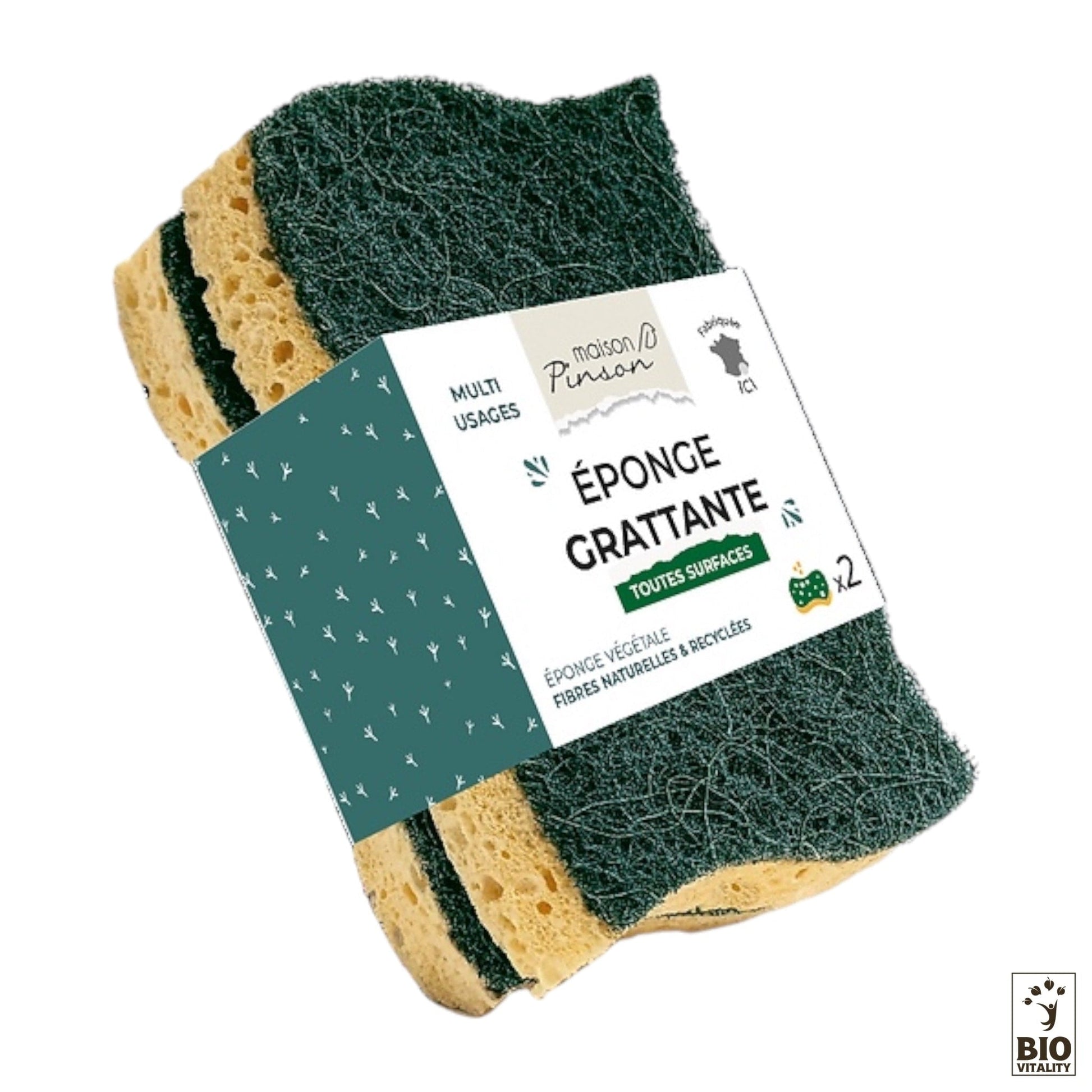 Un pack de deux Eponges Végétales Grattantes Surfaces Résistantes de MAISON PINSON offre un nettoyage efficace sur diverses surfaces. Ces éponges écologiques au dessus vert et aux côtés jaunes sont fabriquées à partir de sisal et de fibres recyclées.