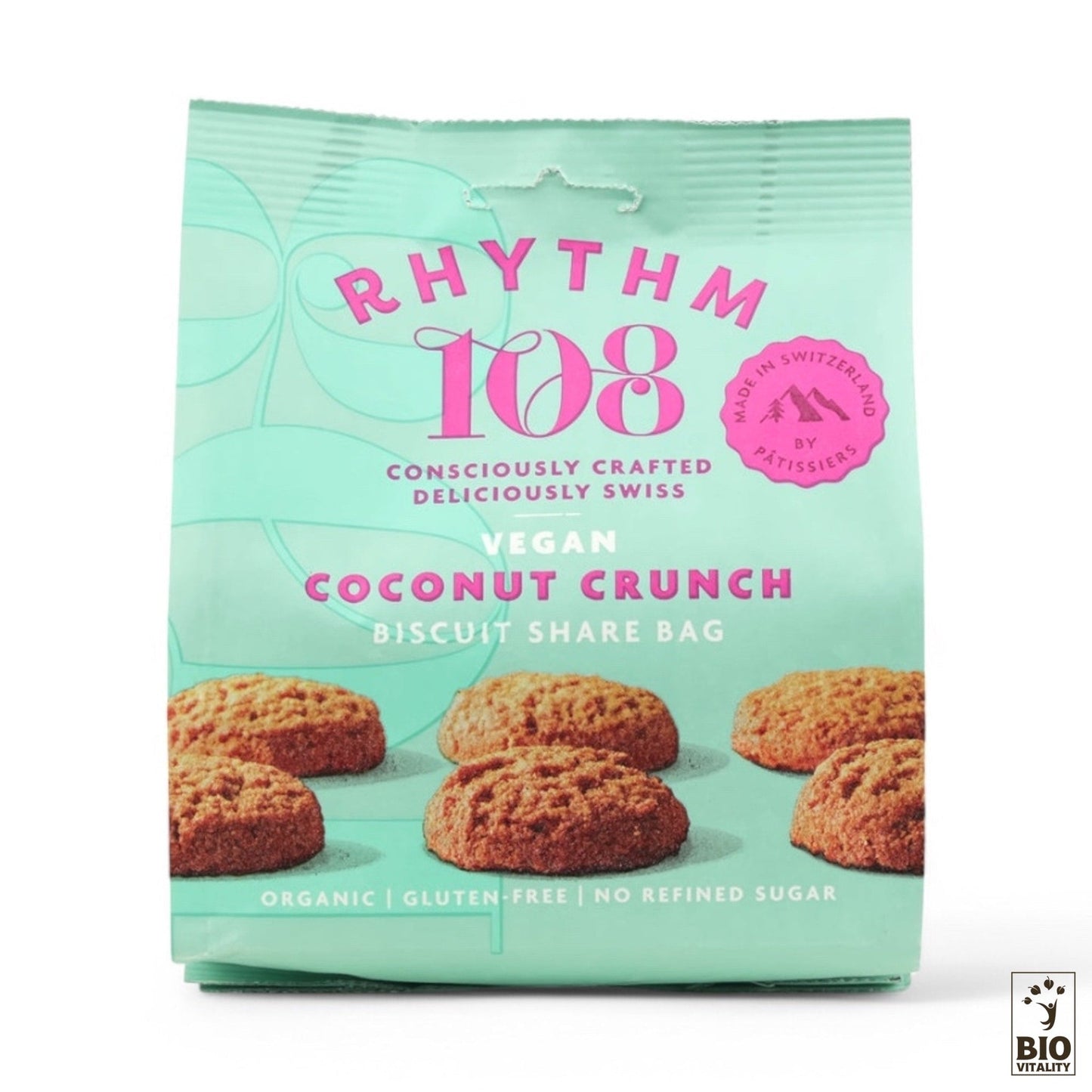 Un paquet de 135 g de Biscuits Croquants Noix de Coco biologiques de Rhythm 108, sans gluten et sans sucre raffiné, dans un emballage bleu sarcelle avec des images de biscuits.