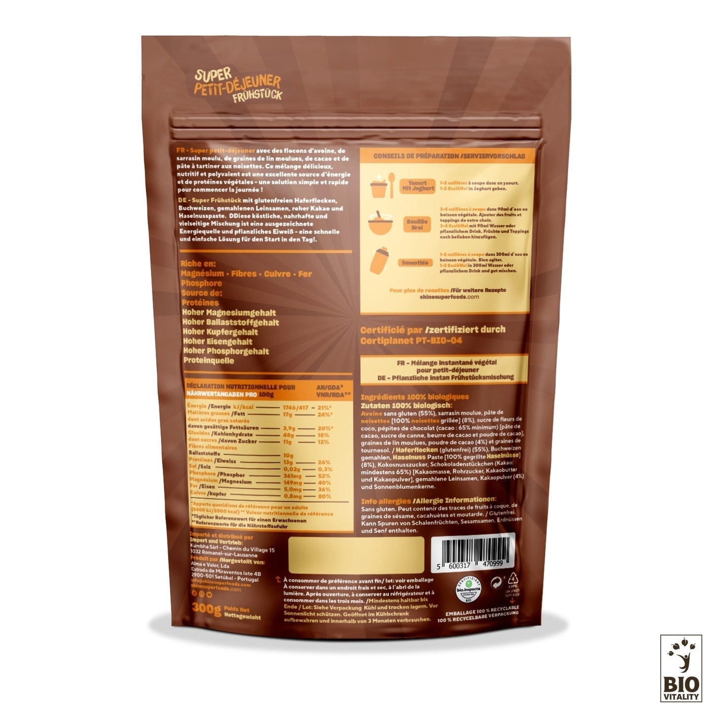 Vue arrière de lemballage SHINE Avoine Cacao cru et Noisette 300g mettant en évidence les informations nutritionnelles, les instructions de préparation et les ingrédients pour une alimentation saine. Comprend des certifications et des flocons davoine nutritifs.