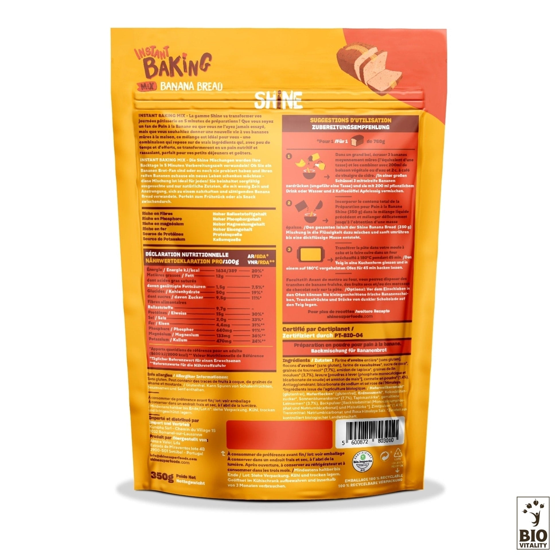 Le mélange pour pain à la banane Bio - 350 g de SHINE propose des informations nutritionnelles, des instructions et des détails sur le produit en plusieurs langues. Découvrez la commodité dun mélange pratique à base dingrédients sains pour un délicieux pain à la banane à chaque fois.