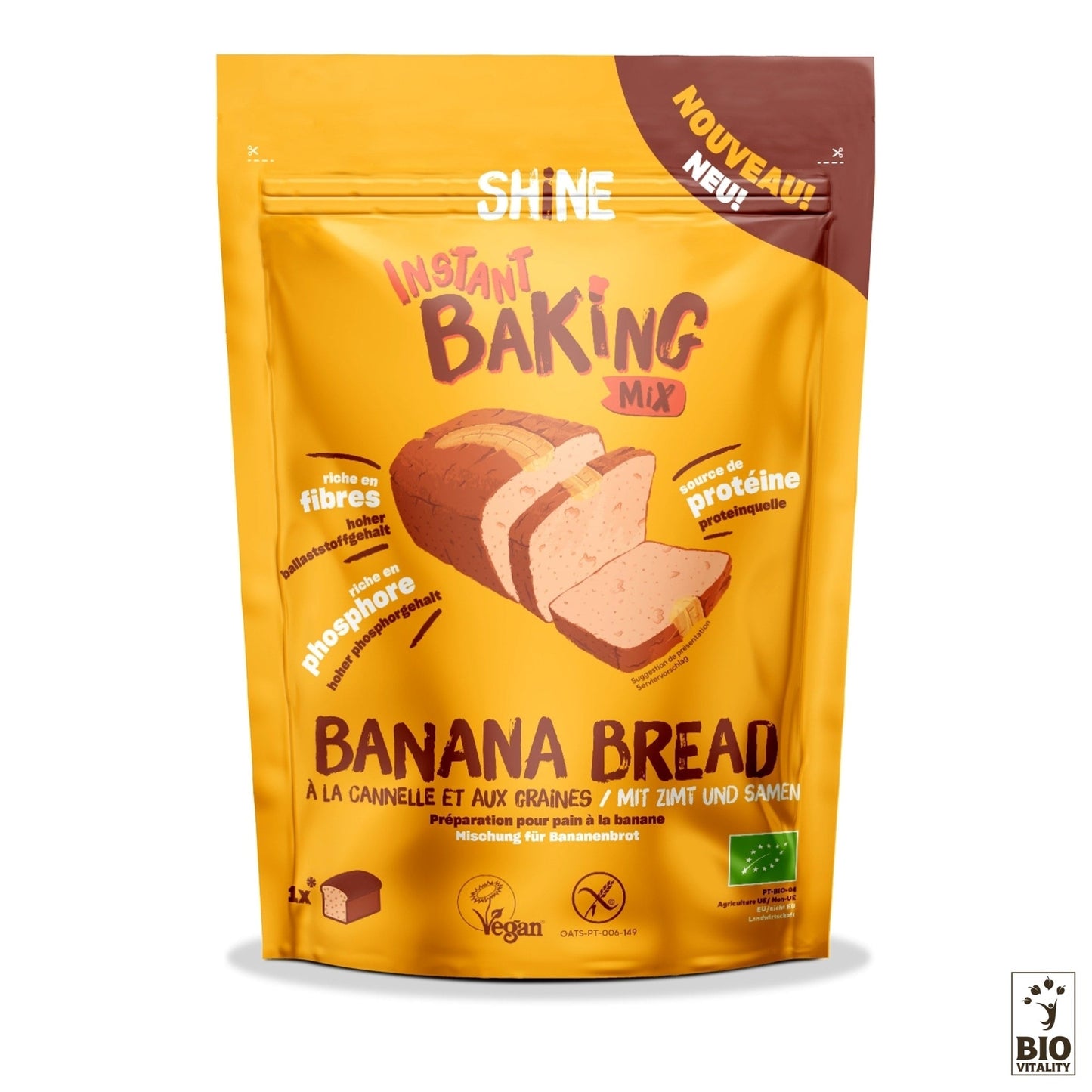 Le mélange pour pain à la banane SHINE Bio - paquet de 350 g présente un pain appétissant, met laccent sur des ingrédients sains comme la cannelle et les graines, et met en valeur les certifications végétaliennes et biologiques, créant un mélange pratique pour un pain à la banane parfait.