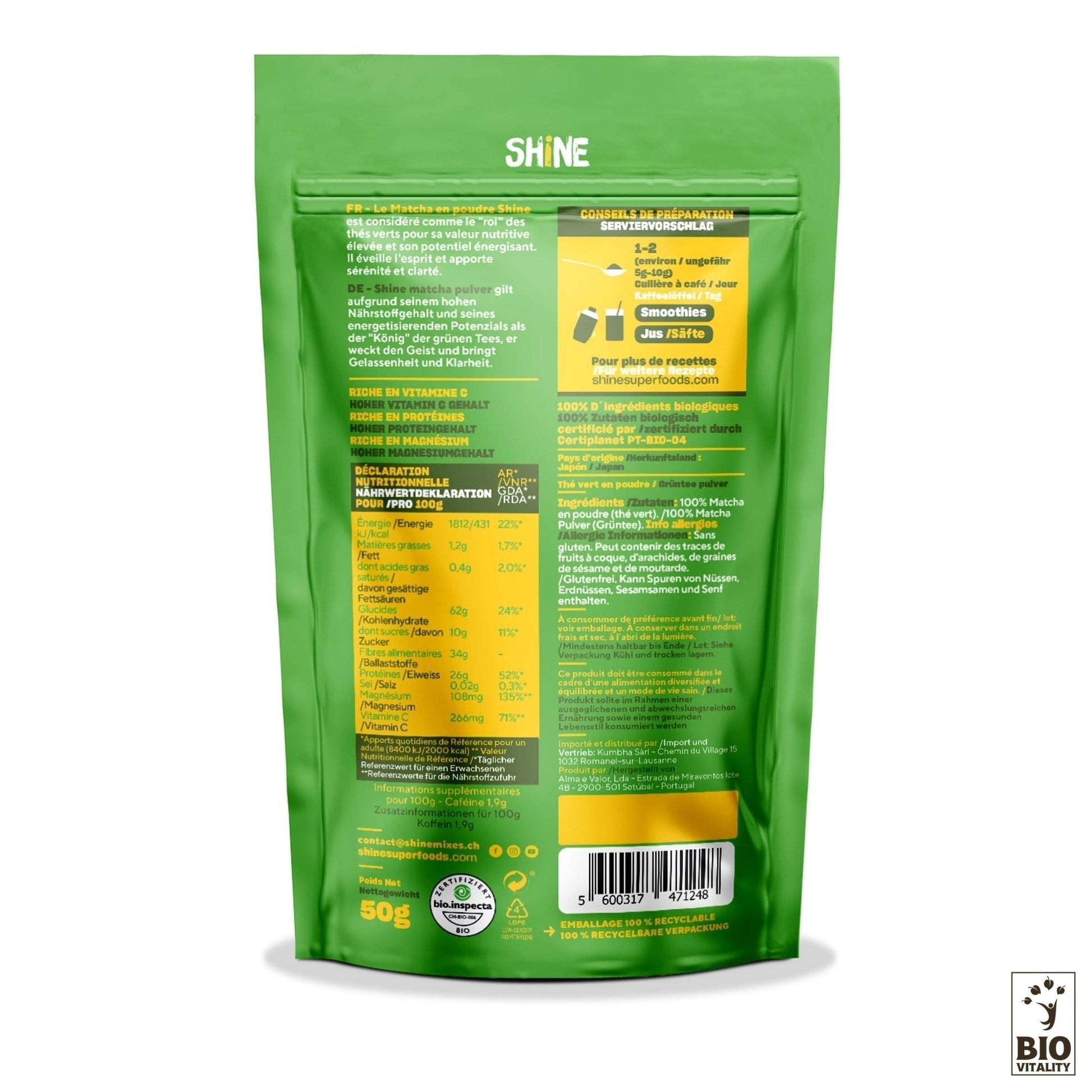 Lemballage Matcha en poudre Bio - 50g de SHINE met en valeur lessence du thé japonais avec des informations nutritionnelles détaillées et des instructions dutilisation. Doté du logo Bio Vitalität en bas à droite, il célèbre la pureté du Camellia Sinensis pour une expérience revitalisante.