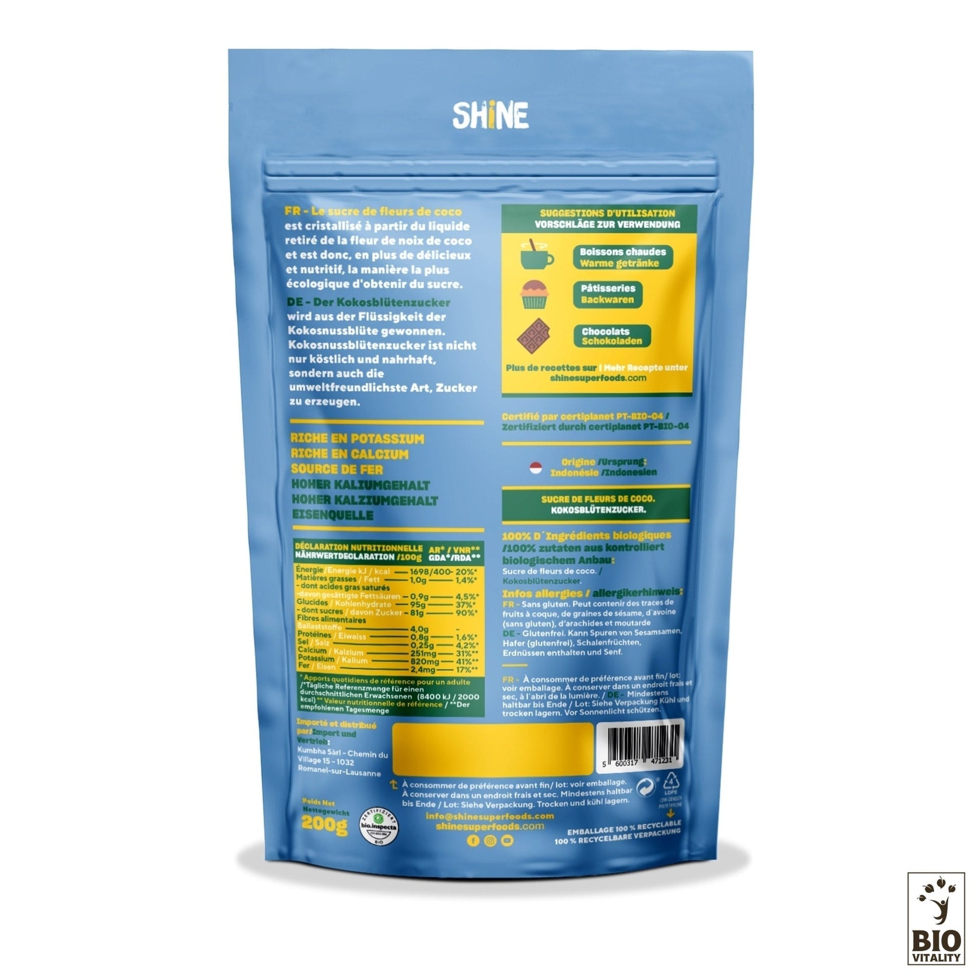 Le dos du paquet bleu SHINE Sucre de Coco Bio - 200g présente des informations nutritionnelles, des conseils dutilisation et les certifications de récolte écologique. Idéal comme alternative au sucre traditionnel.