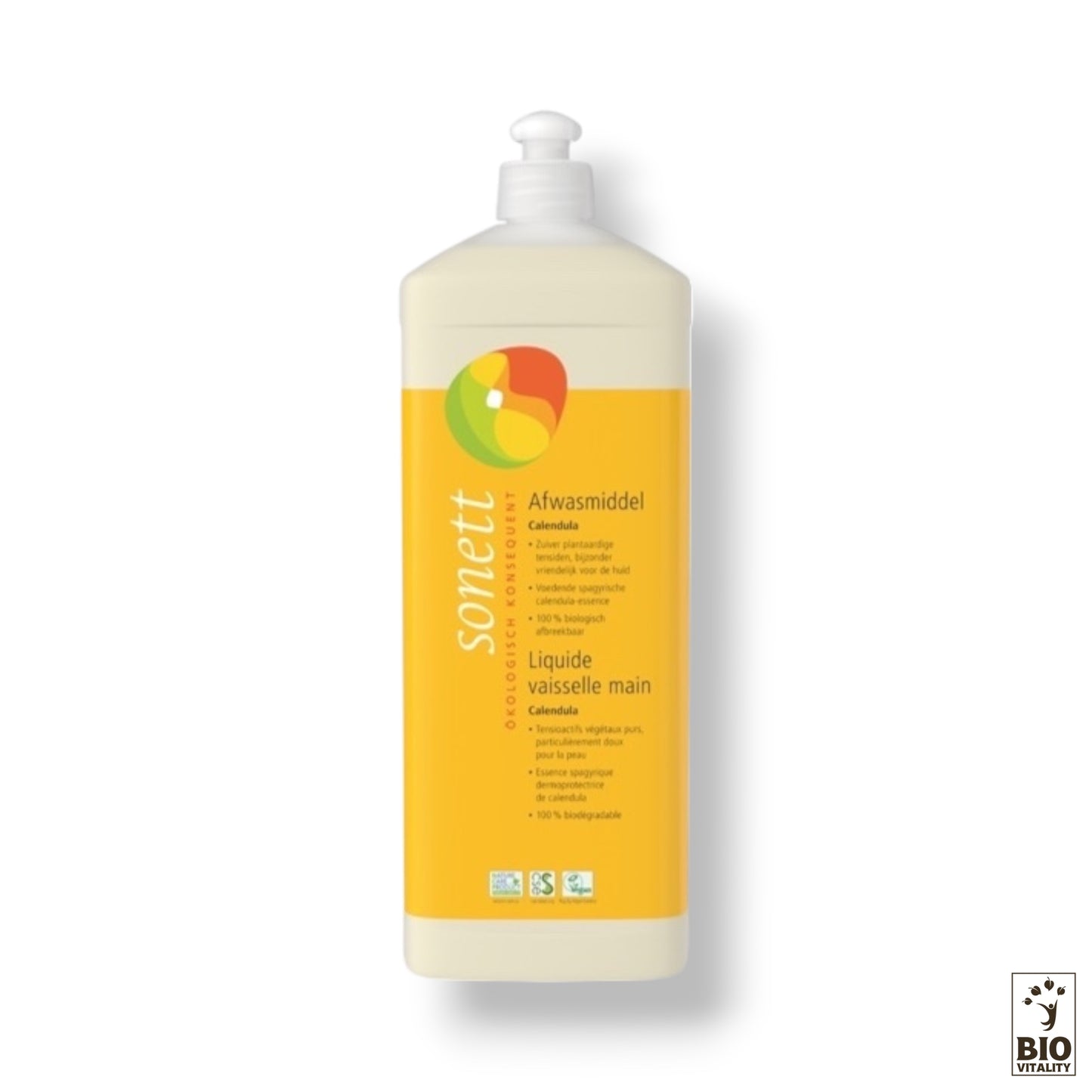 Flacon SONETT Liquide Vaisselle Main Calendula, a l’étiquettes orange et jaune. Parfait pour laver la vaisselle à la main.