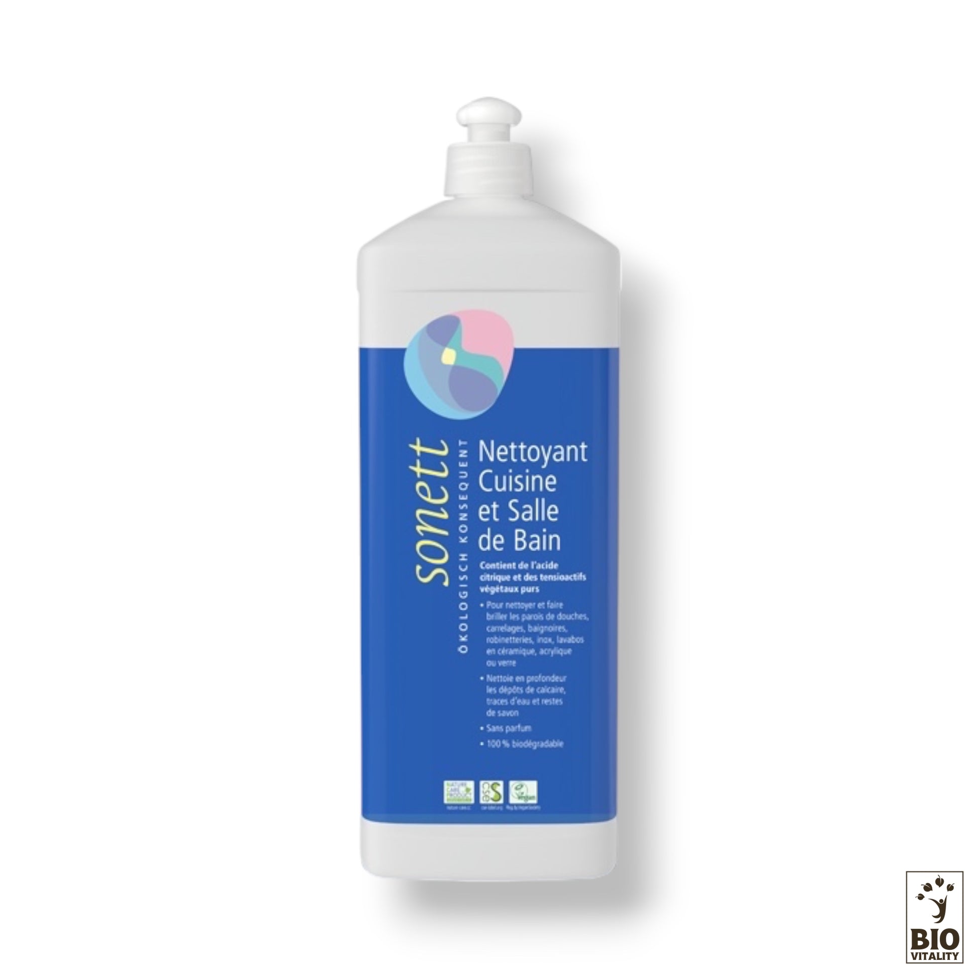 Bouteilles de SONETT Nettoyant Cuisine et Salle de Bain - 1L, avec étiquettes bleues et buses de pulvérisation, sur fond blanc.