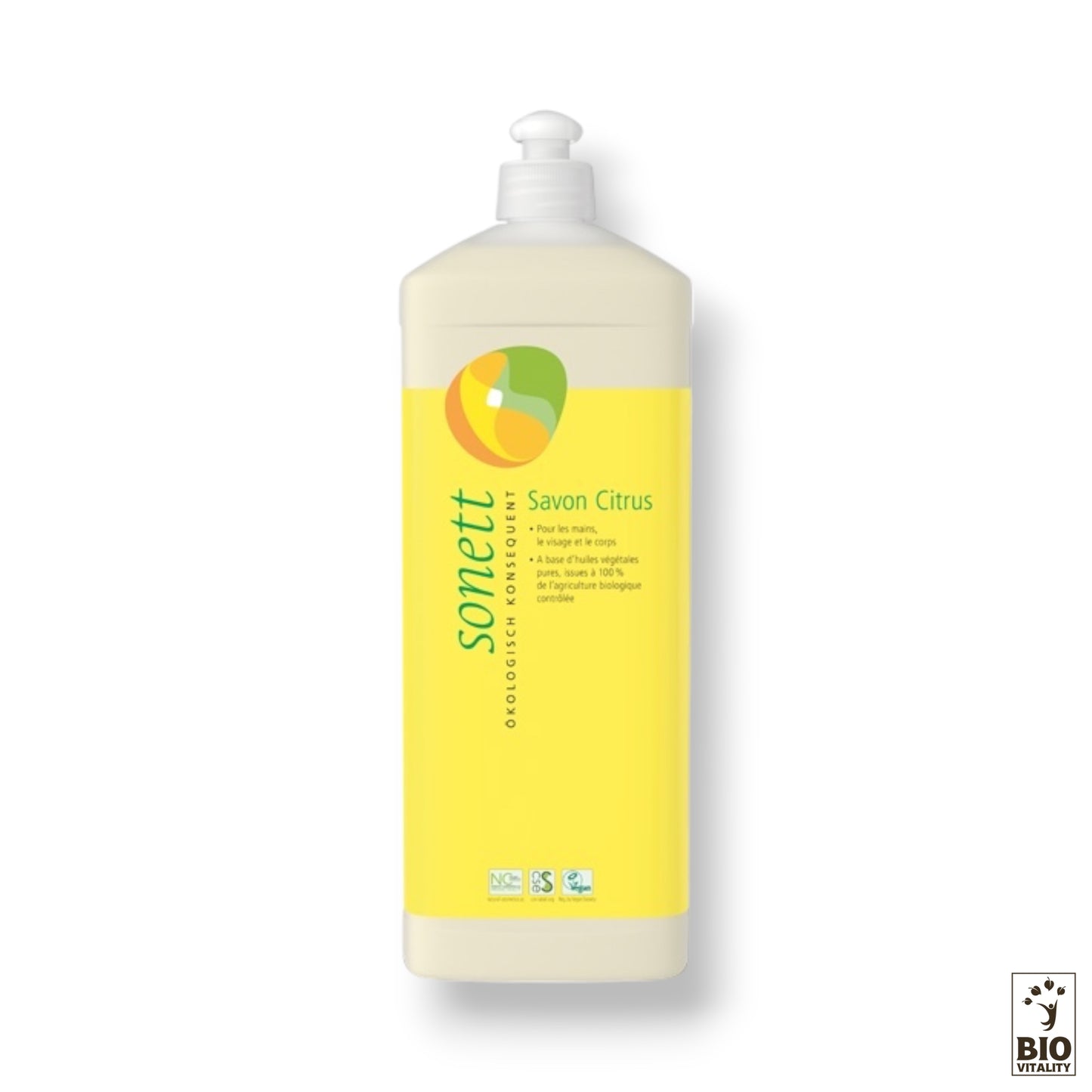Flacon SONETT Savon Liquide Citrus (1L) étiquettes au texte vert sur fond jaune.