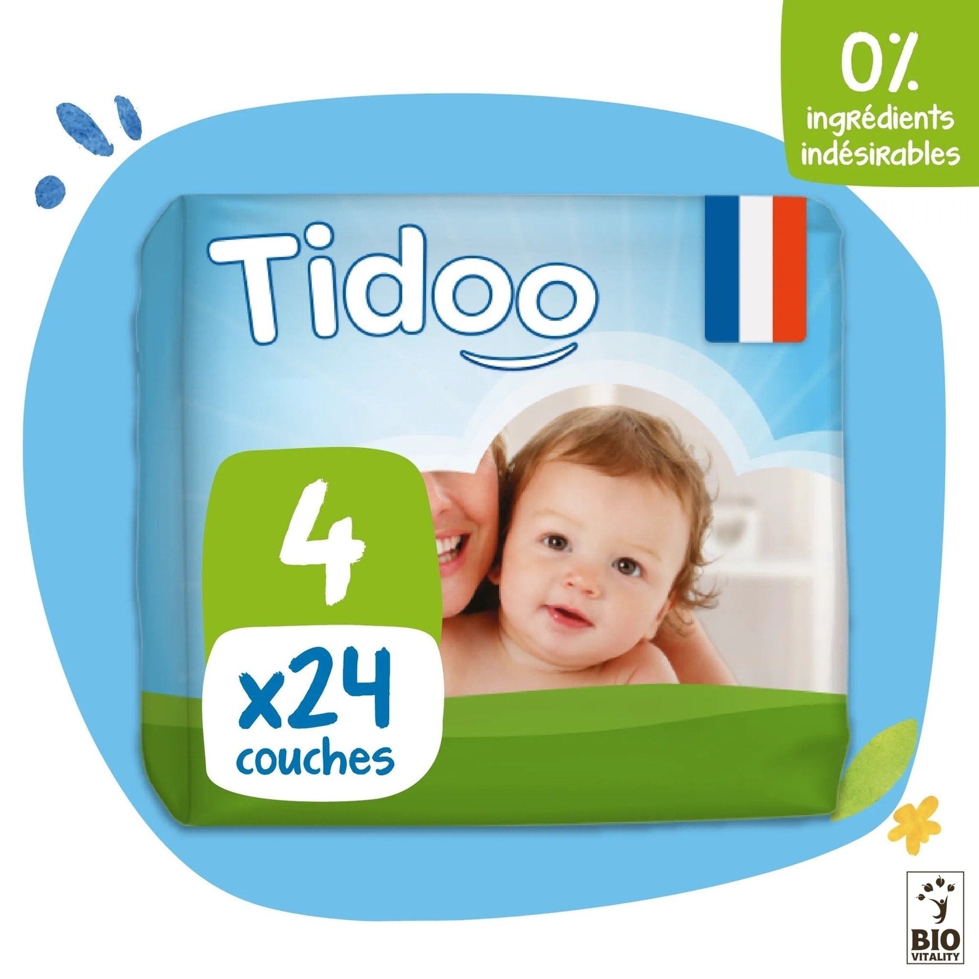 Le pack jumbo TIDOO NATURE Couches voile naturel t4 comprend 24 couches écologiques (7/18kg) avec un texte français sur lemballage, mettant en vedette un bébé et un drapeau, soulignant leur composition naturelle et leur conception anti-fuite.