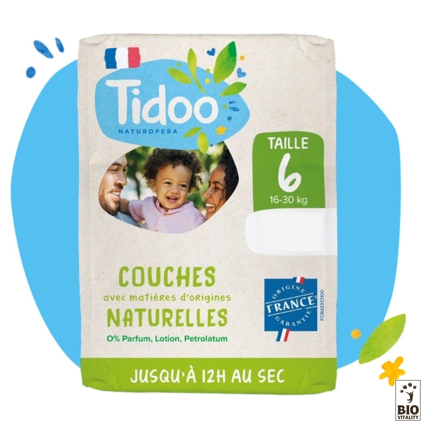 Les Couches voile naturel jumbo pack t6 (16/30kg) de TIDOO NATURE bénéficient du label EcoCert et du drapeau français. Fabriqués en France avec des matériaux respectueux de lenvironnement, leurs emballages présentent des visages souriants mettant en avant la protection de lenvironnement.