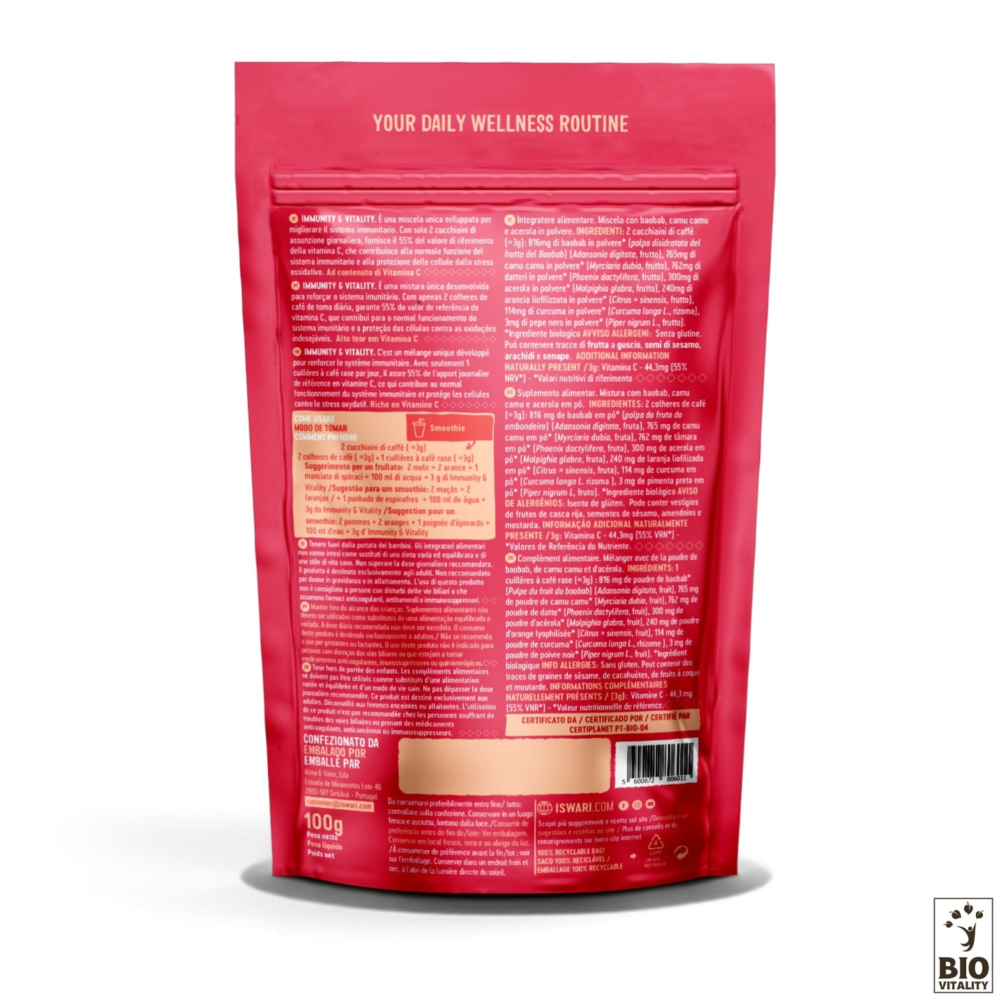 ISWARI Smoothie Booster Immunity & Vitality Bio, vitamin-C-reiches, glutenfreies und veganes Superfood zur Unterstützung des Immunsystems.